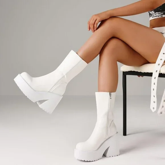 Women's Synthetic A-White Combat Wedge Heel Ankle Motorcycle Round Toe Booties - Picture 4 of 6